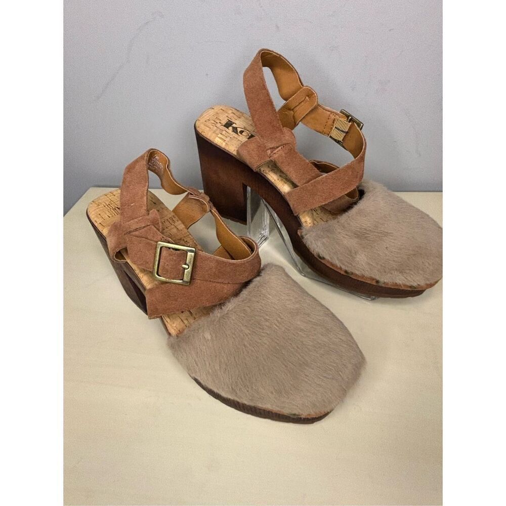 KORKS Women's Wendy Faux Fur Studded Clog Wooden Heels Taupe Rust Brown Sz 7M - Picture 3 of 7